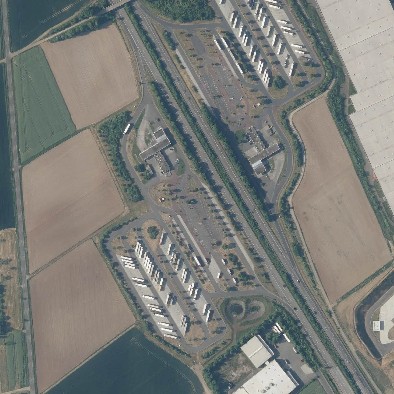 Aerial photo (orthophoto) of truck parking Langen Bergheim West from 2023