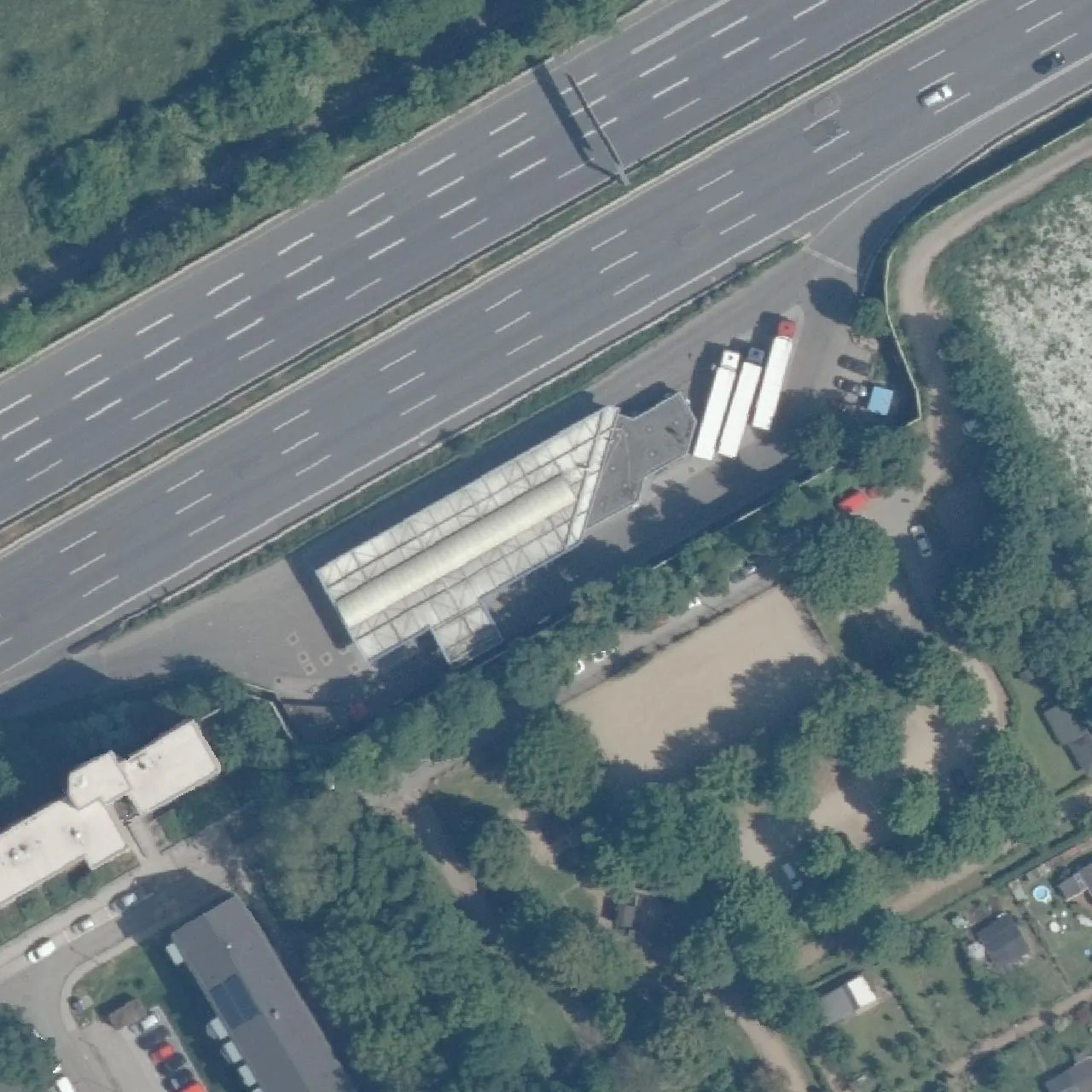 Aerial photo (orthophoto) of truck parking Frankfurt a. Main Süd from 2023