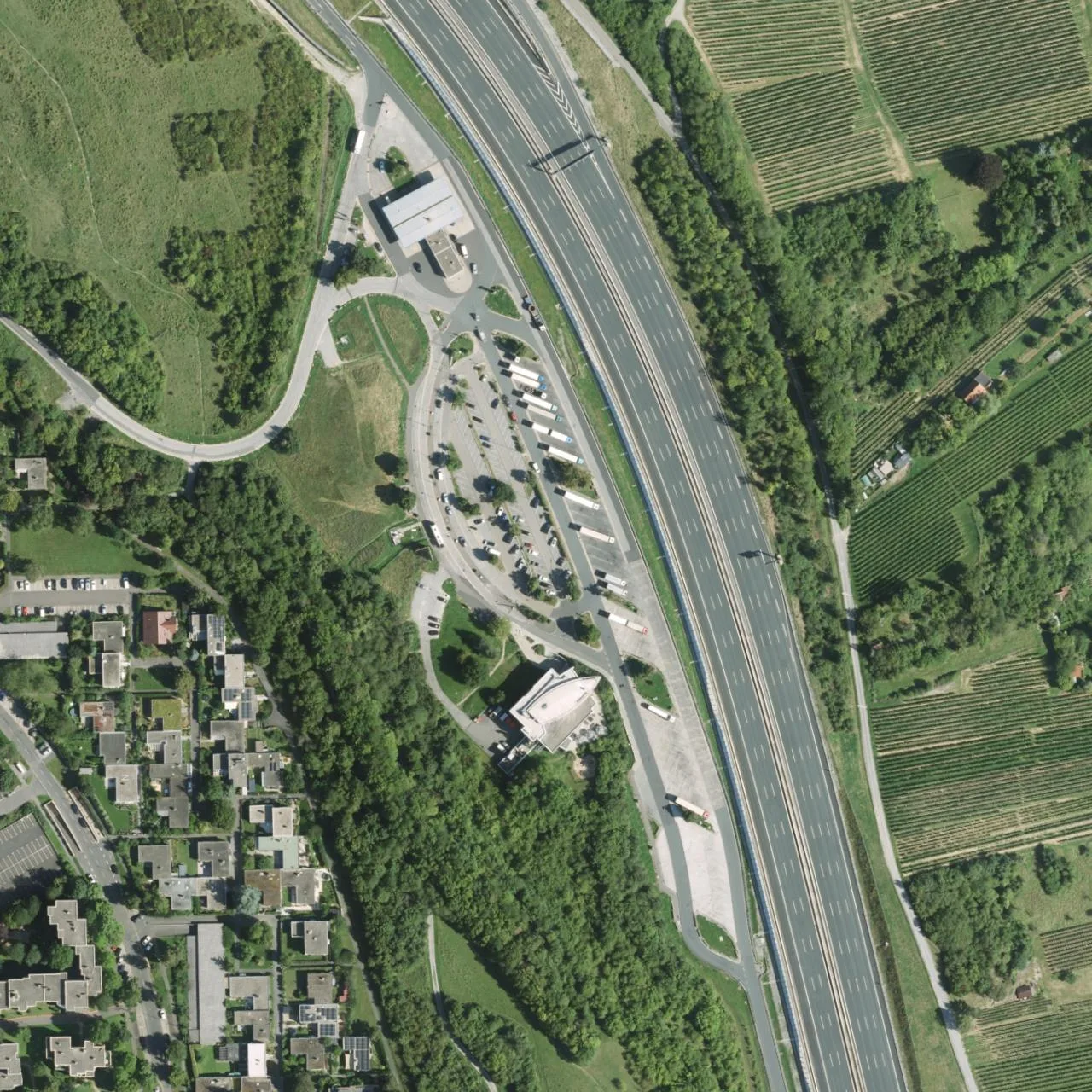 Aerial photo (orthophoto) of truck parking Würzburg Süd from 2023