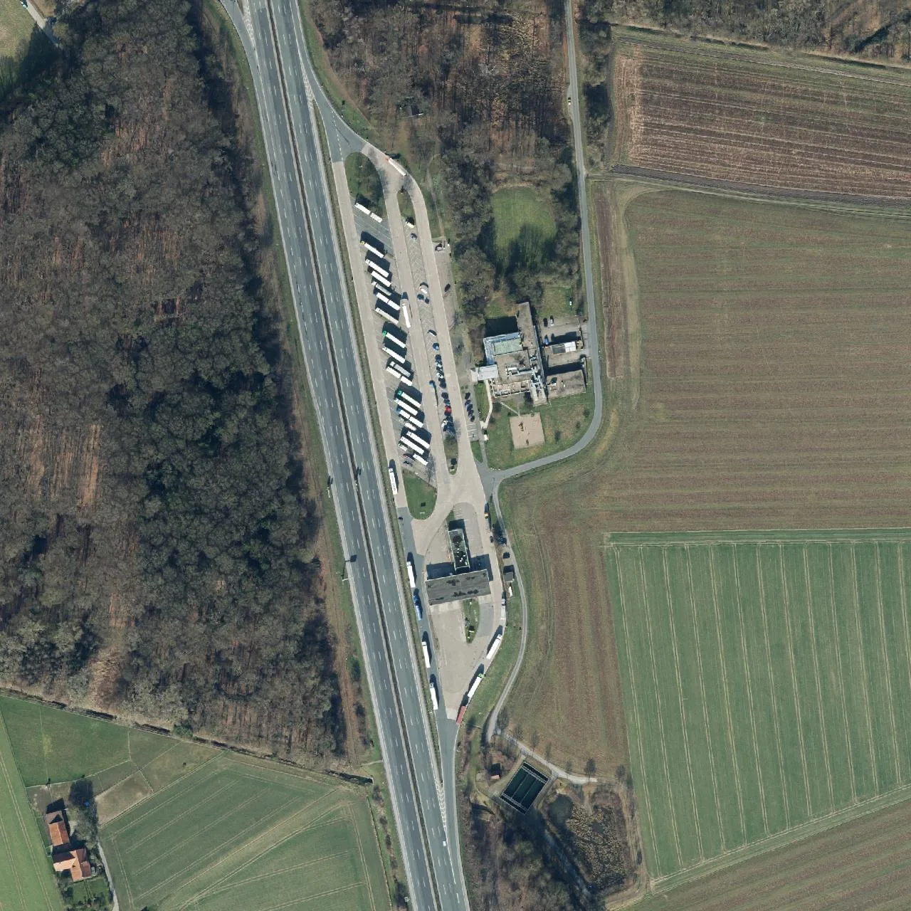 Aerial photo (orthophoto) of truck parking Münsterland (Ost) from 2024