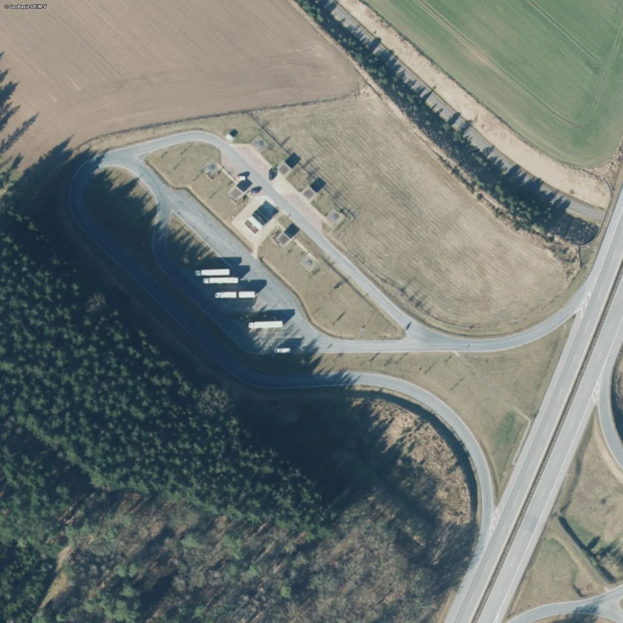 Aerial photo (orthophoto) of truck parking Pröbbower See West from 2025