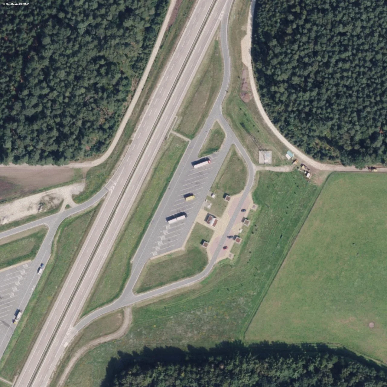 Aerial photo (orthophoto) of truck parking Ludwigsluster Kanal Ost from 2025