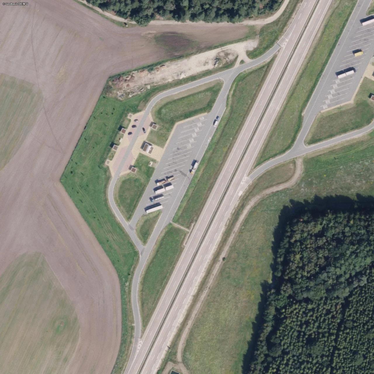 Aerial photo (orthophoto) of truck parking Ludwigsluster Kanal West from 2025