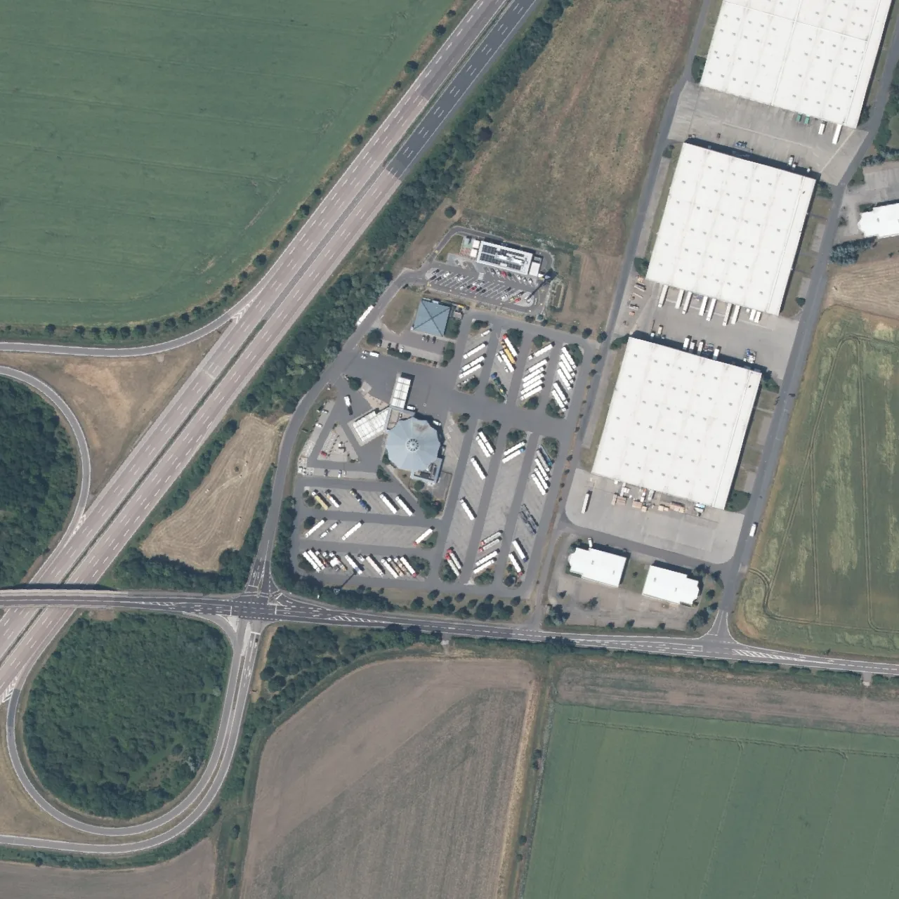 Aerial photo (orthophoto) of truck parking Saale Autohof Bad Dürrenberg from 2025